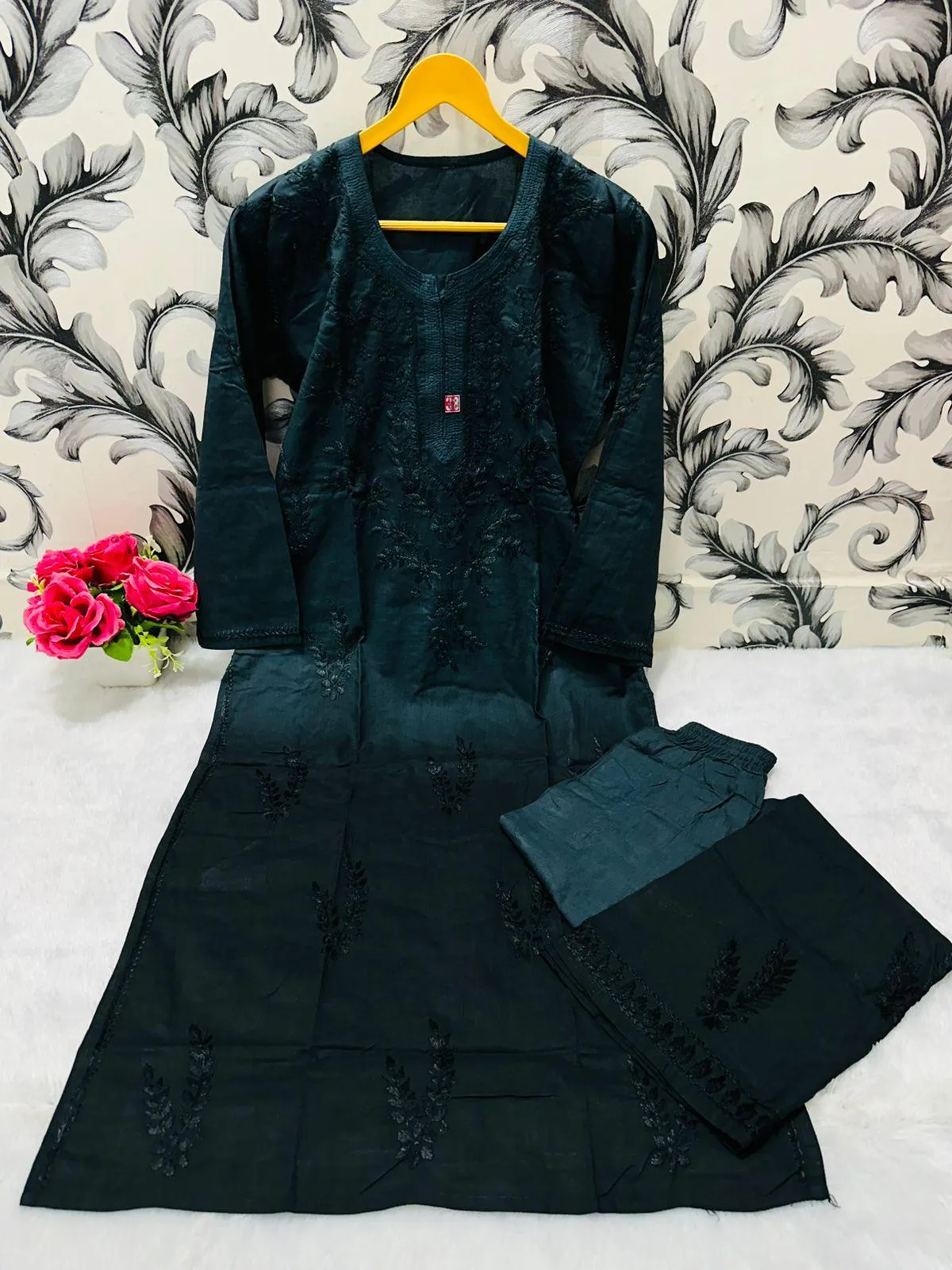Dark Green Chikankari Bliss Combo: Dyeable Pure Cotton Kurti & Palazzo Set
